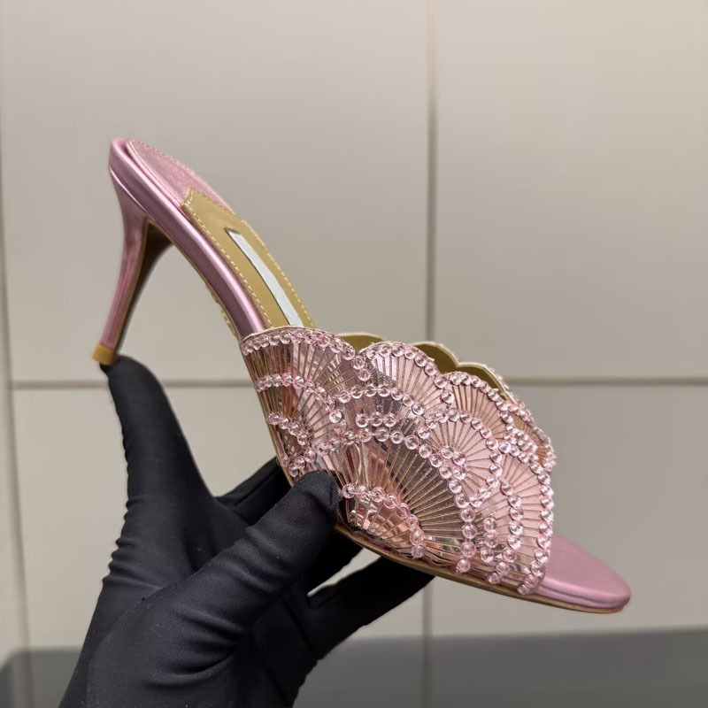 Ananas motiv, ručno šivane sequin i perle, sandale s visokim petama i prstima u obliku riblje usta, ukrašene laticama, seksi zapadni stil, plus veličina