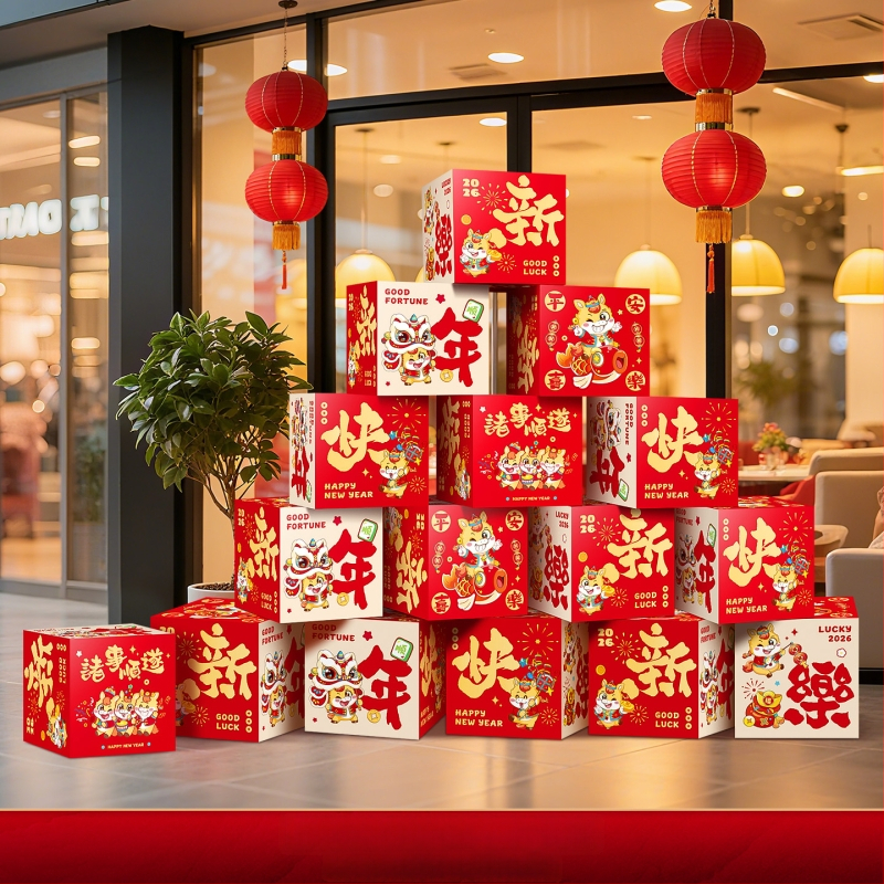 Helyszínelrendezési dekorrekvizitek – halmozott doboz dekoráció, papír és zászlóanyag, kínai/modern/újévi stílus, Tavaszi Fesztivál és Újév számára