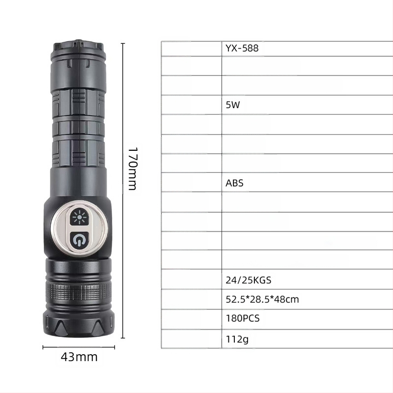 Φακός LED χειρός, 1000 lm, δέσμη 120°, εμβέλεια 200–500 m, ενσωματωμένη μπαταρία 18650 1200 mAh