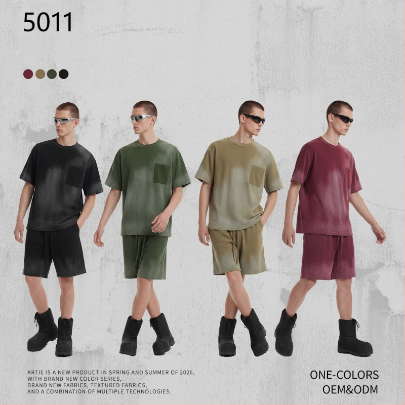 Artie Unisex šorc od pamuka s waffle tkaninom, 325 g, sprej-farbanje, opran, distresiran izgled, izrđeni rubovi