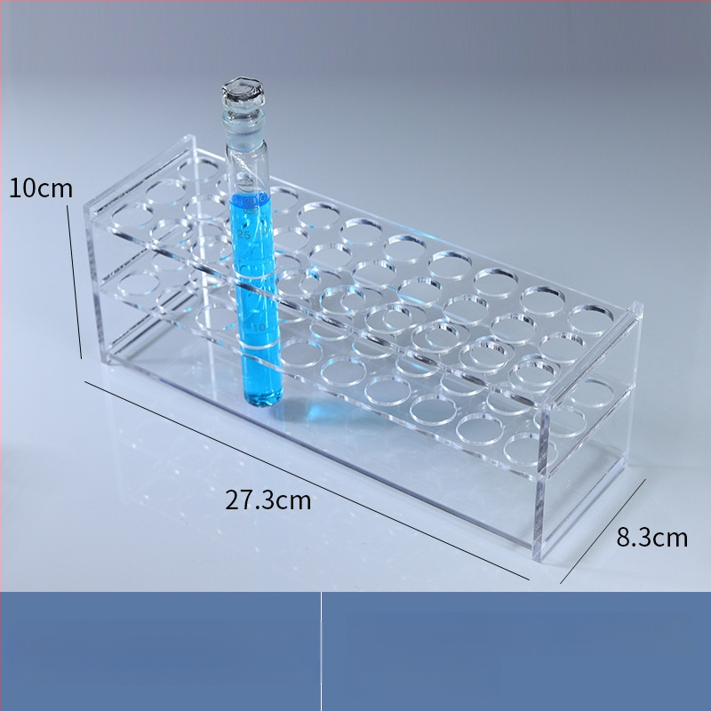 Γυάλινο στήριγμα σωληναρίων χρωματομετρίας για σωληνάρια 10/25/50/100 mL, 6–30 οπές, μονή ή διπλή σειρά
