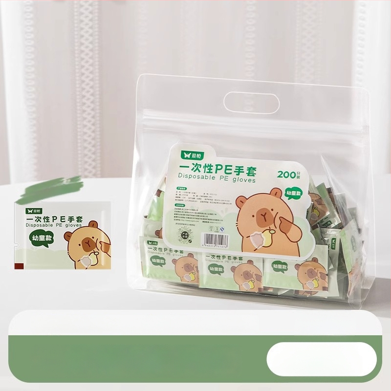 Gyermekeknek szánt egyszer használatos kesztyűk, élelmiszer-minőségű, egyedi csomagolás, vastított PE, átlátszó, csúszásmentes, szabadtéri piknikhez