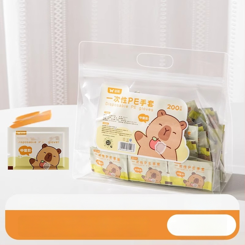 Gyermekeknek szánt egyszer használatos kesztyűk, élelmiszer-minőségű, egyedi csomagolás, vastított PE, átlátszó, csúszásmentes, szabadtéri piknikhez