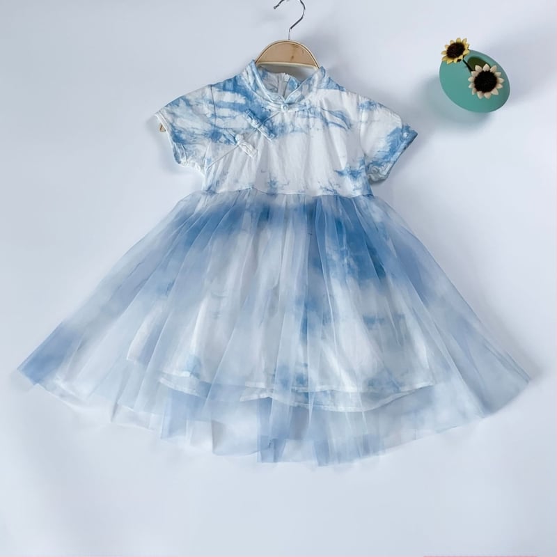 Indigo tie-dye pamučna haljina za djevojčice, kratkih rukava, A-kroj