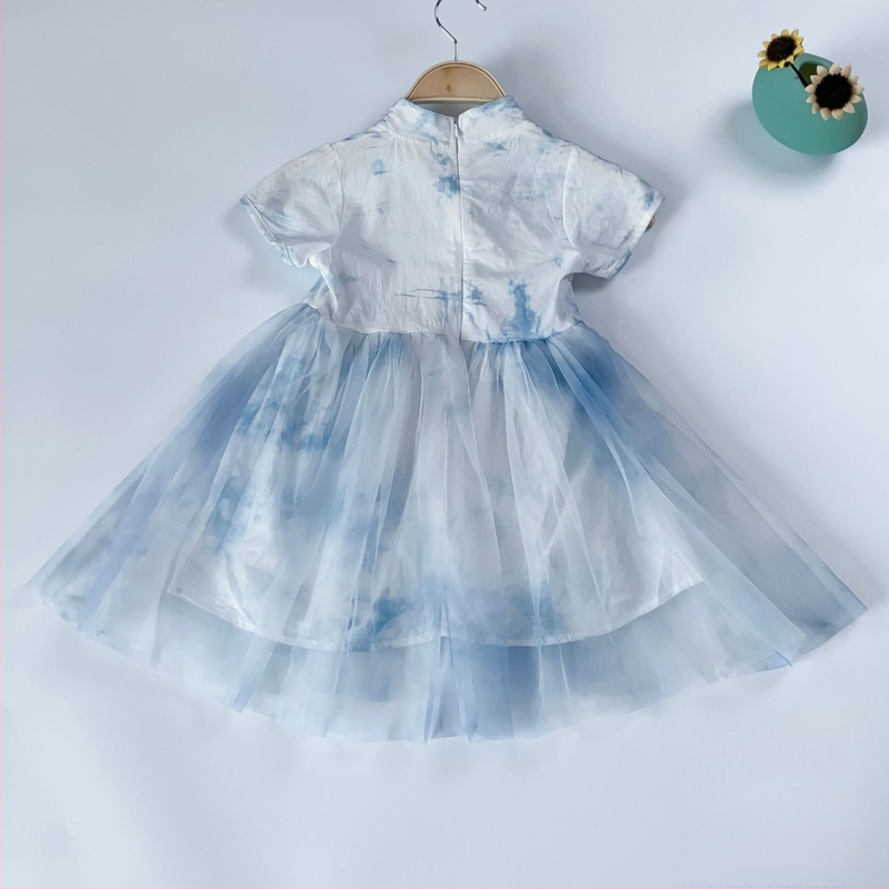 Indigo tie-dye pamučna haljina za djevojčice, kratkih rukava, A-kroj