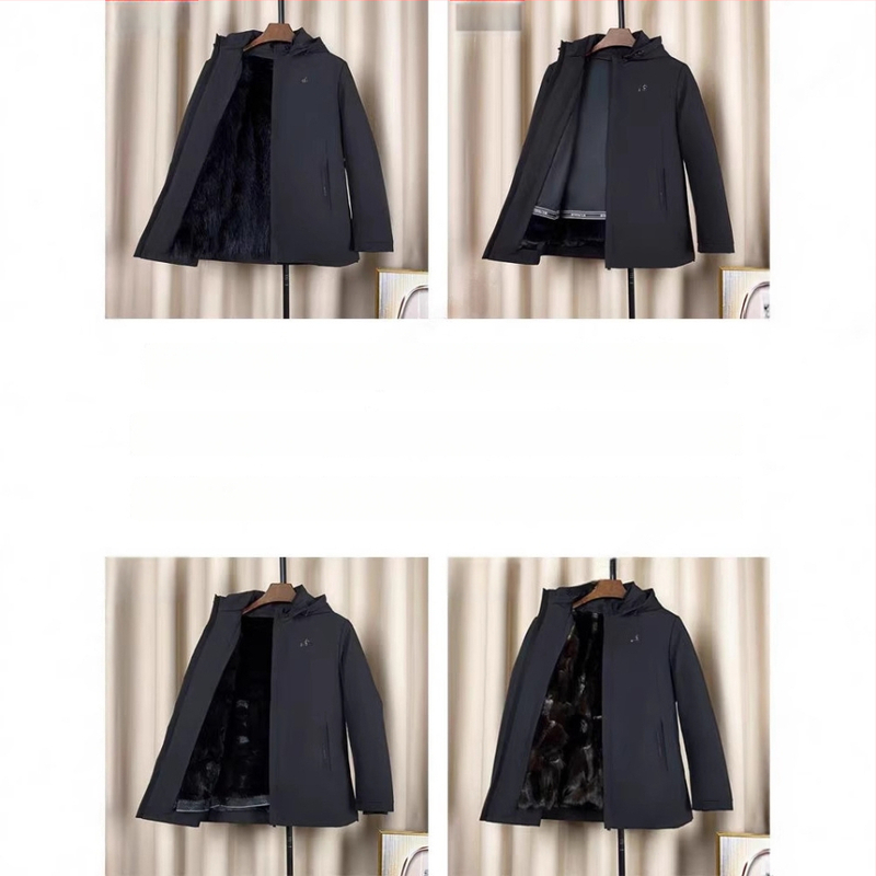 Ανδρικό παρκά από γούνα αλεπούς με αποσπώμενη επένδυση, στενή γραμμή, μεσαίου μήκους, αποσπώμενη κουκούλα, φερμουάρ μπροστά, τσέπες με φερμουάρ