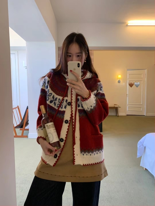 Ženski kardigan s kapuljačom u korejskom stilu s uzorkom Fair Isle, debelo pletene tkanine, retro za jesen i zimu, udoban širok kroj