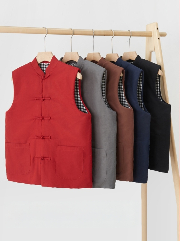 Ανδρικό γιλέκο από βαμβάκι, κινεζικό στυλ, χαλαρή γραμμή, βαμβακερό ύφασμα και επένδυση, τσέπες με τρισδιάστατα patch, καθημερινό χειμερινό ένδυμα, Χειμώνας 2024