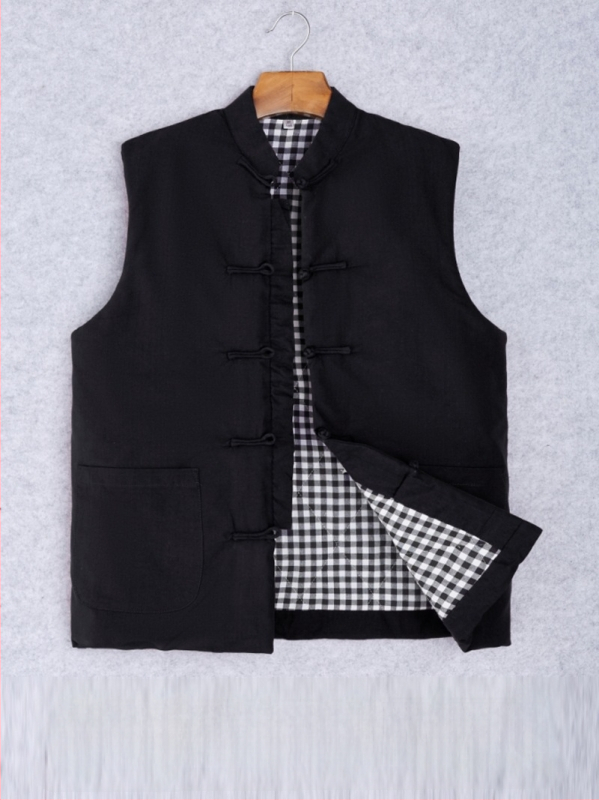 Ανδρικό γιλέκο από βαμβάκι, κινεζικό στυλ, χαλαρή γραμμή, βαμβακερό ύφασμα και επένδυση, τσέπες με τρισδιάστατα patch, καθημερινό χειμερινό ένδυμα, Χειμώνας 2024