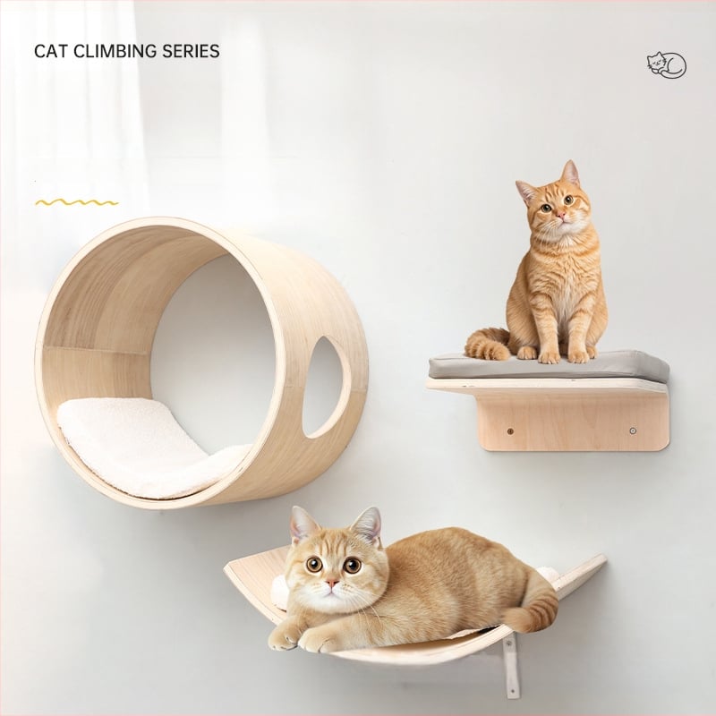 Aventurine Стенна дървена котешка катерачна конструкция с платформа за скачане, изкачваща колона, компактна форма и вградена лежанка и дъска за драскане