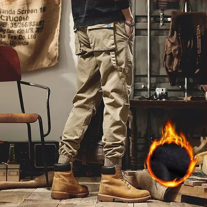 Téli japán-stílusú vintage fleece-bevonatú munkásnadrág, uniszex, lazább szabás, középmagas derék, kémiai rostok keveréke