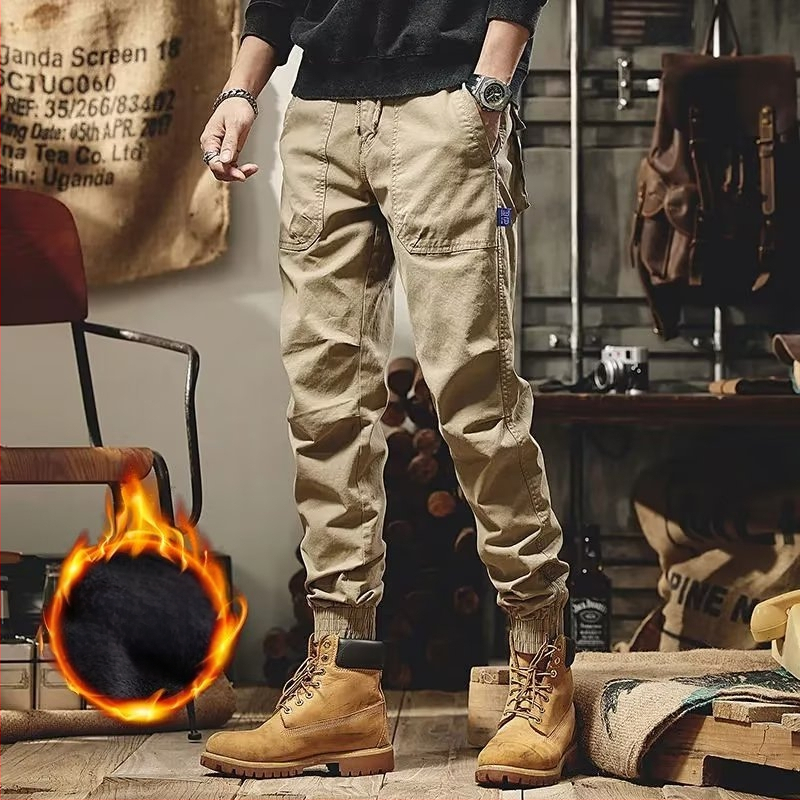 Téli japán-stílusú vintage fleece-bevonatú munkásnadrág, uniszex, lazább szabás, középmagas derék, kémiai rostok keveréke