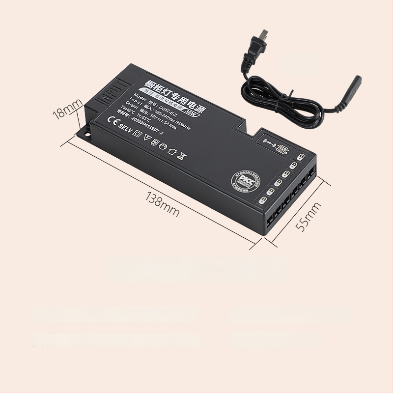 LED szekrény világítás kapcsoló táp, 12V/24V, DuPont csatlakozó, IP20, CE, 99% hatékonyság