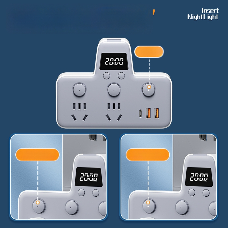 Πολυπρίζο με θύρες USB, νυχτερινό φως, ανεξάρτητος διακόπτης με οθόνη χρόνου, 10A, 220–250V