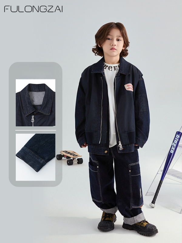 Detská džínsová bunda, kórejský štýl, abstraktný vzor, 100% polyester (pre deti od 8 rokov, jeseň)