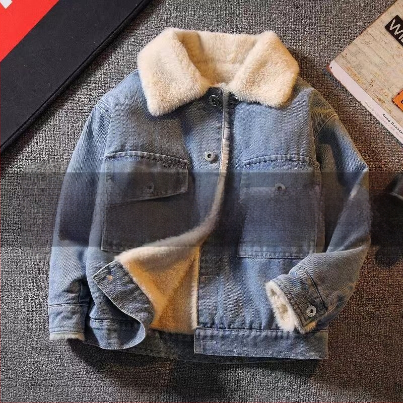 Τζάκετ τζιν για παιδιά με επένδυση fleece, παχύτερο, με αποσπώμενη κουκούλα, εκτύπωση κινούμενων σχεδίων, για ηλικίες 1–3 ετών