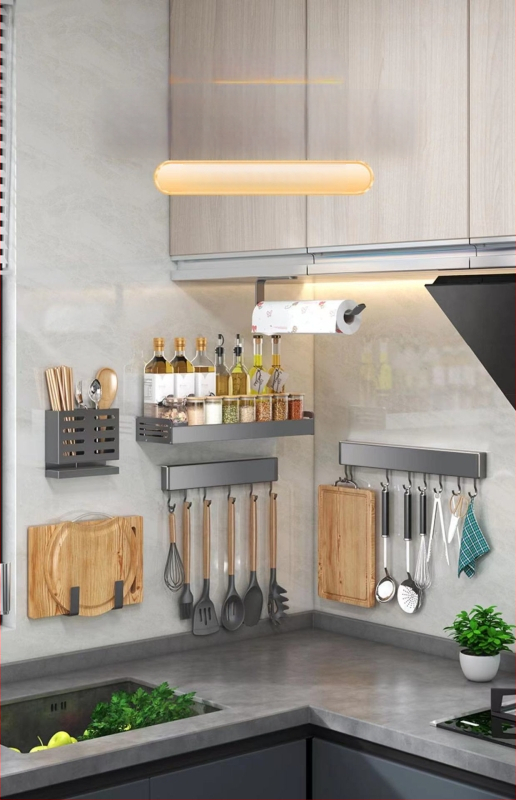 Τοίχος χωρίς οπές ράφι κουζίνας — Πολυλειτουργική βάση για κουτάλες, κουτάλια και σανίδες κοπής; Εγκατάσταση χωρίς διάτρηση, μοντέρνο μινιμαλιστικό στυλ, χωρίς πιστοποιήσεις, για άλλες αγορές