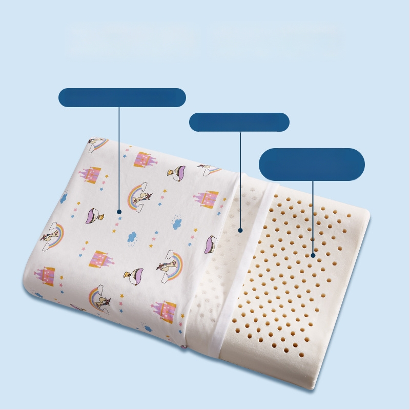 Детска латексова възглавница — правоъгълна форма, естествен латекс, съдържание латекс 90%+, калъф от чист памук, подходяща за деца и бебета