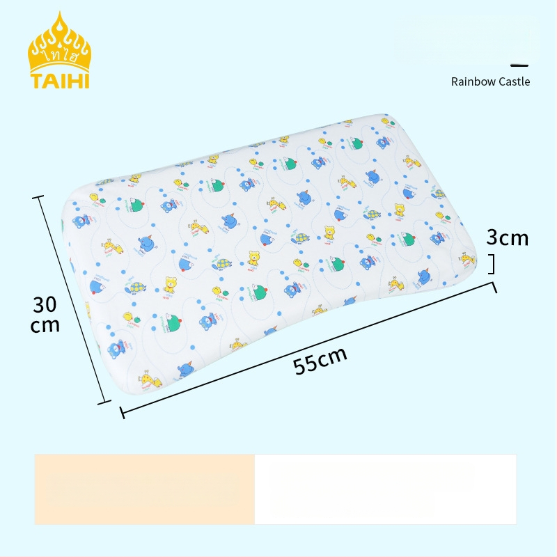 Детска латексова възглавница — правоъгълна форма, естествен латекс, съдържание латекс 90%+, калъф от чист памук, подходяща за деца и бебета