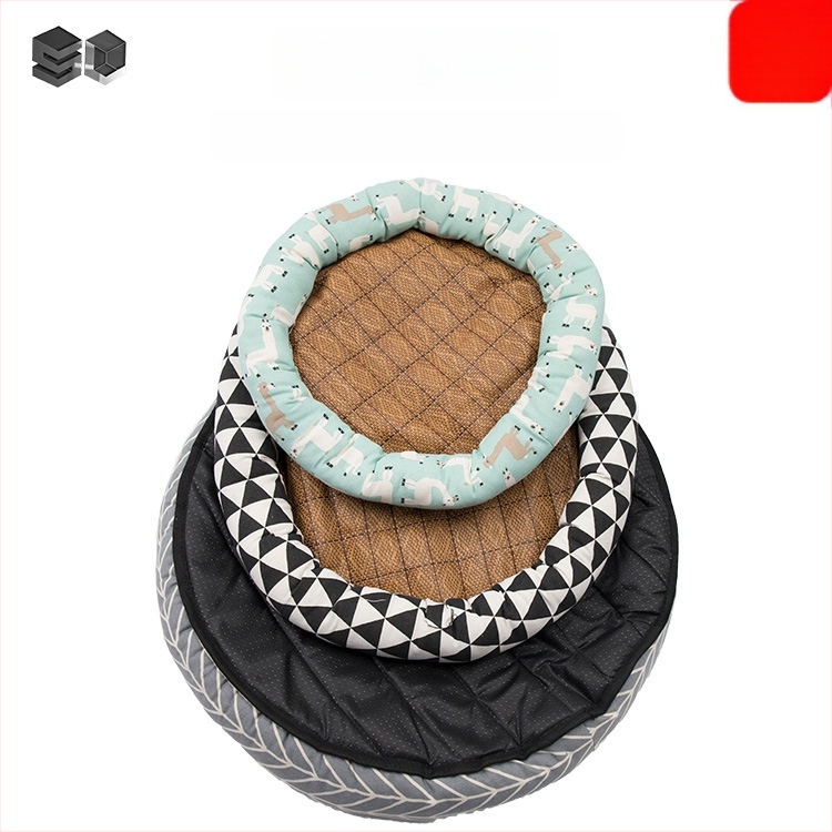 Кръгло гнездо за домашни любимци за котки и кучета — платно, лятна мат, PP памук, пластмасово антиплъзгащо дъно