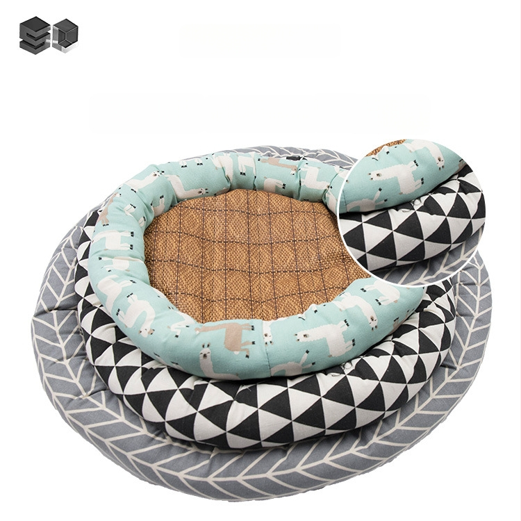 Кръгло гнездо за домашни любимци за котки и кучета — платно, лятна мат, PP памук, пластмасово антиплъзгащо дъно