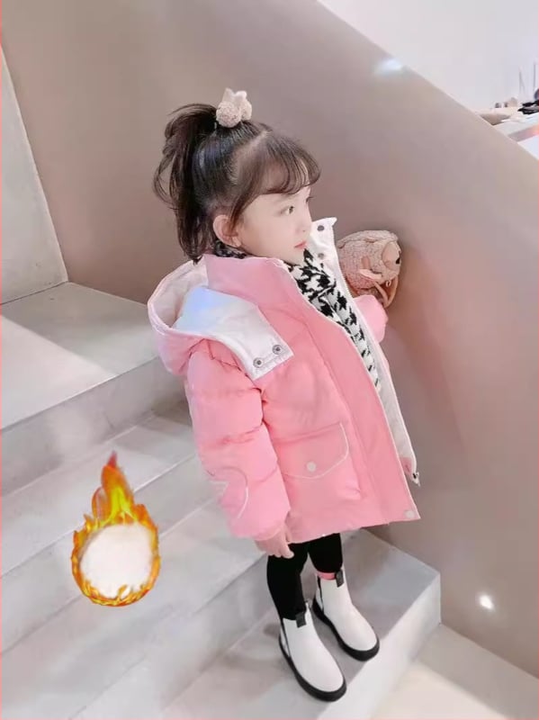 Κοριτσίστικο χειμερινό παλτό με κουκούλα, κορεατικό στυλ, εξωτερικό και επένδυση από 100% Vinylon, μοτίβο με γράμματα