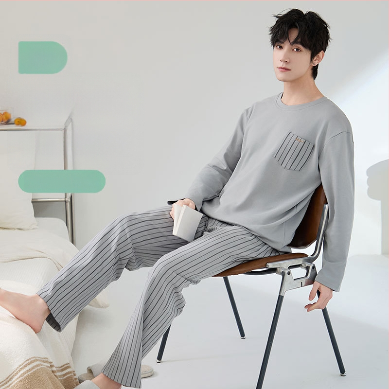 Ανδρικό σετ πιτζάμες από βαμβάκι με αντιβακτηριακές ιδιότητες, μακριά μανίκια και μακριά παντελόνια, 100% βαμβάκι, παχύ ύφασμα 201–250 g/m²