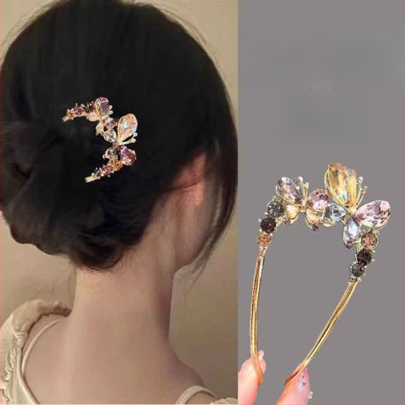 Hajcsat ötvözetből kristályos pillangóval, U‑alakú hátsó dizájn a tarkónál, ametiszt kristály, elektroplakolt felület, természetes nőies stílus, Eagle Eye, Tavasz 2025