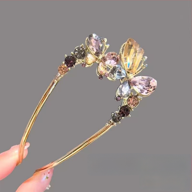 Hajcsat ötvözetből kristályos pillangóval, U‑alakú hátsó dizájn a tarkónál, ametiszt kristály, elektroplakolt felület, természetes nőies stílus, Eagle Eye, Tavasz 2025