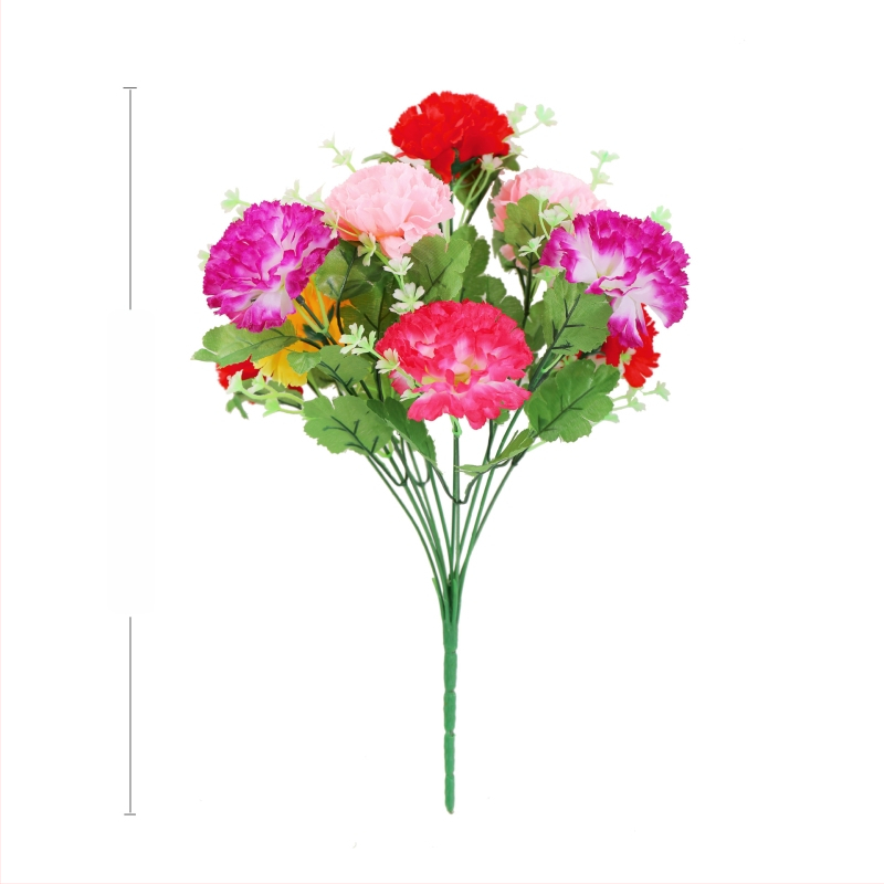 Ръчно държан букет от изкуствени карамфили: пластмасови и коприна цветя; материал: пластмаса и коприна; процес: стилизиране, релеф, инжекционно формоване; форма: букет; предназначение: декорация, реквизит за фотография, домашна украса