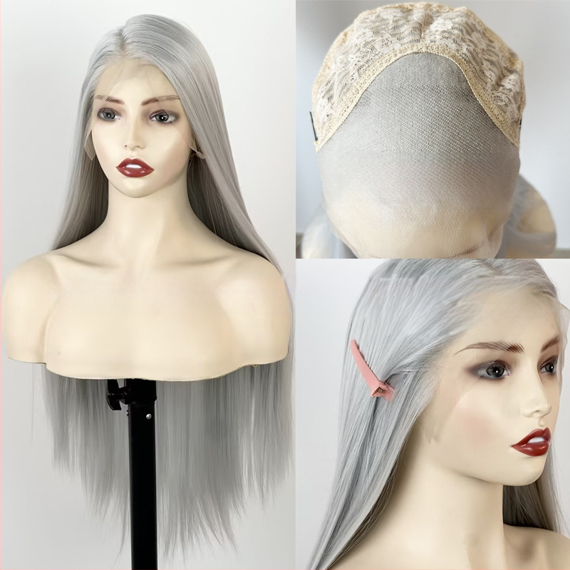 Srebno-siva perika s čipkom sprijeda, ručno kukičana, 13x4, srednji dio, ravna duga kosa, cosplay perika