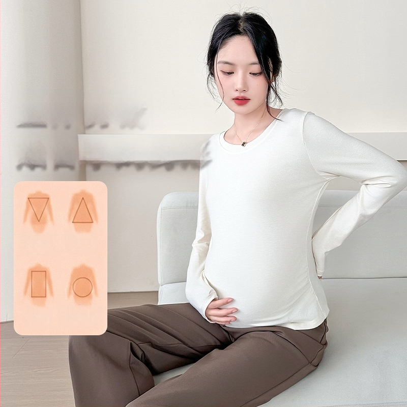 Μπλουζάκι εγκυμοσύνης με μακριά μανίκια, βαμβακο-πολυεστέρα με σπάντεξ, καθημερινό πουλόβερ, στρογγυλό λαιμό, κανονικό μήκος 50–65 εκ