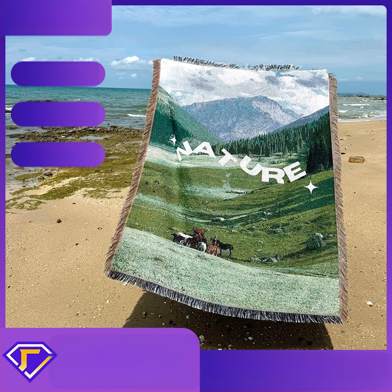 Cuvertură țesută la comandă, din poliester-cotton, imprimeu peisaj, stil modern minimalist, greutate 1000–1499 g