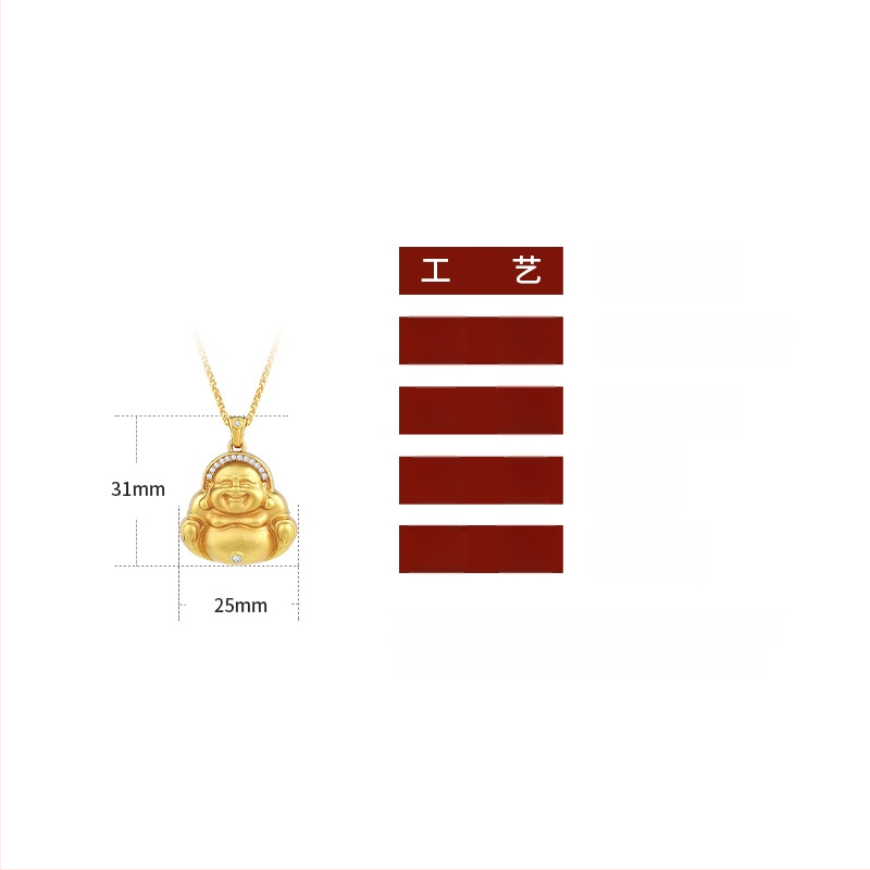 Colier din alamă placat cu aur, pandantiv cu Buddha Maitreya, pe lanț de tip Chopard, tehnică veche, lungime 41-50 cm