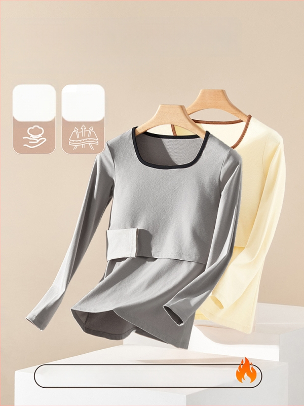 Σετ μητρικού θερμικού εσωρούχου με φλίς για τον χειμώνα — εφαρμοστό στυλ, κουκούλα, μακρυμάνικος με V-λαιμό, πάνω и κάτω, μείγμα πολυεστέρα-σπαντεξ