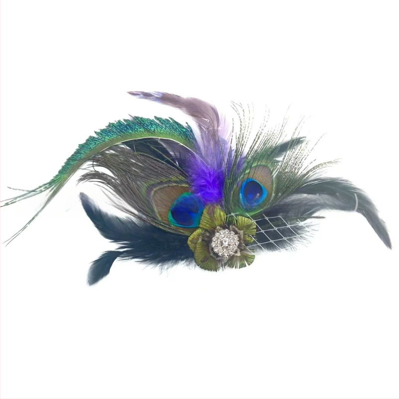 Clip de păr cu pene de paun, lucrat manual, material natural, țesut, stil modern minimalist