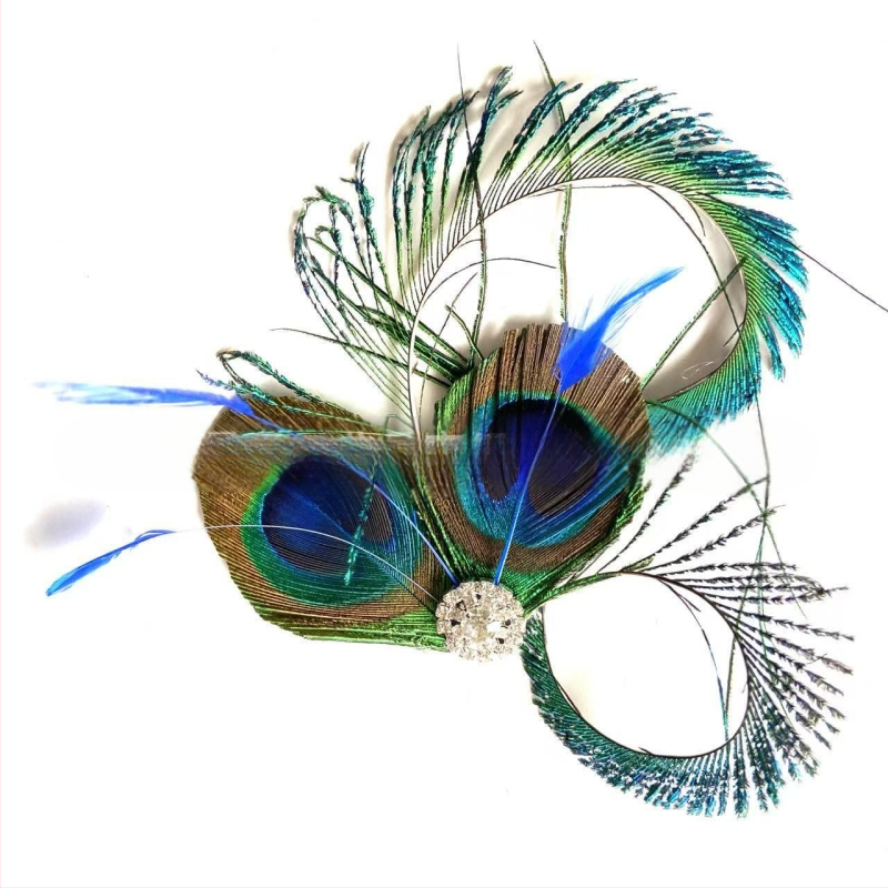 Clip de păr cu pene de paun, lucrat manual, material natural, țesut, stil modern minimalist