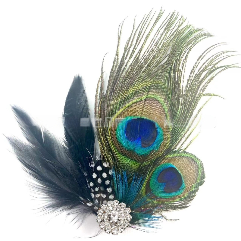 Clip de păr cu pene de paun, lucrat manual, material natural, țesut, stil modern minimalist