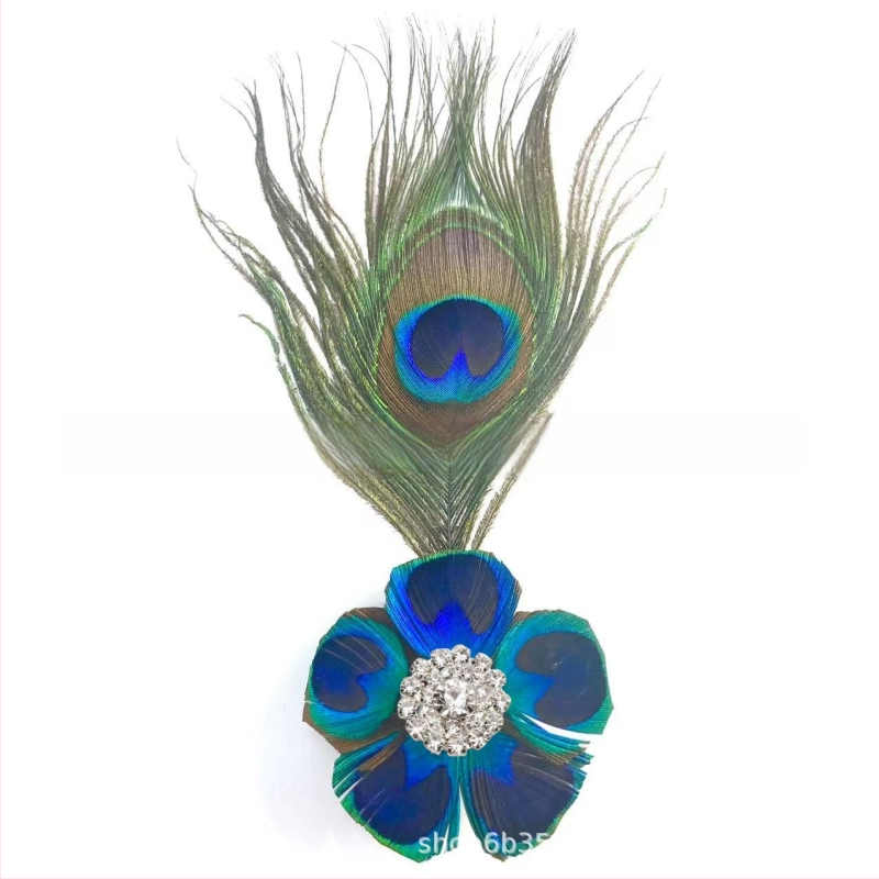 Clip de păr cu pene de paun, lucrat manual, material natural, țesut, stil modern minimalist