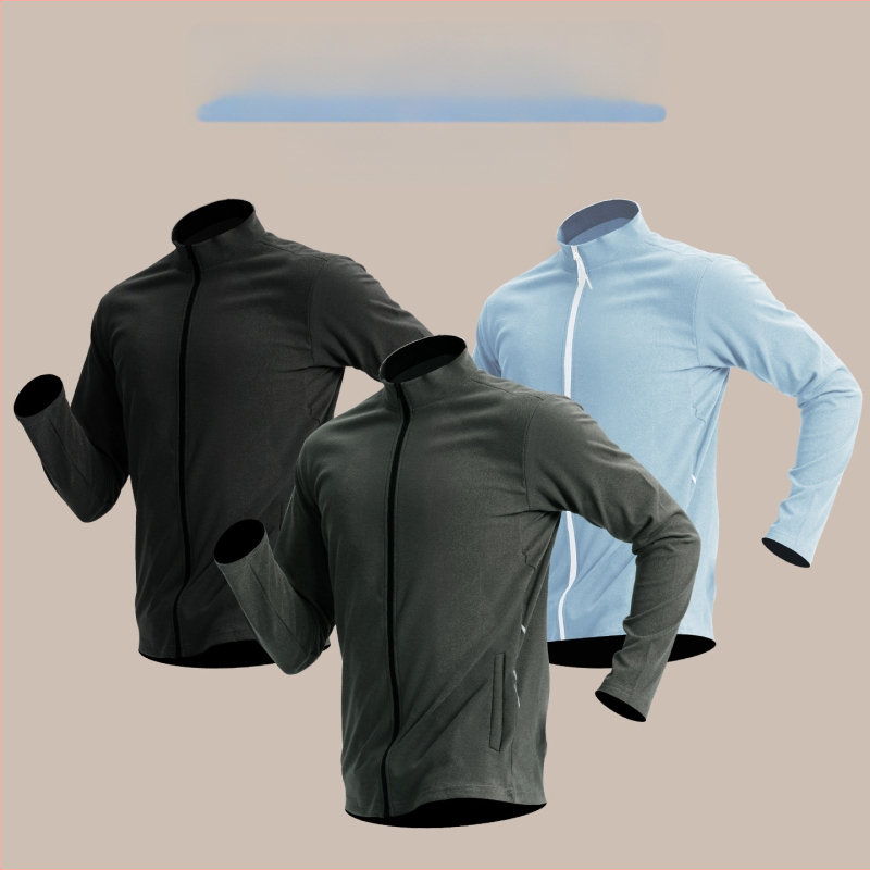 Férfi sportos dzseki poliészter keverékből fleece béléssel, magas állású gallér, hosszú ujjú, kapucni nélküli