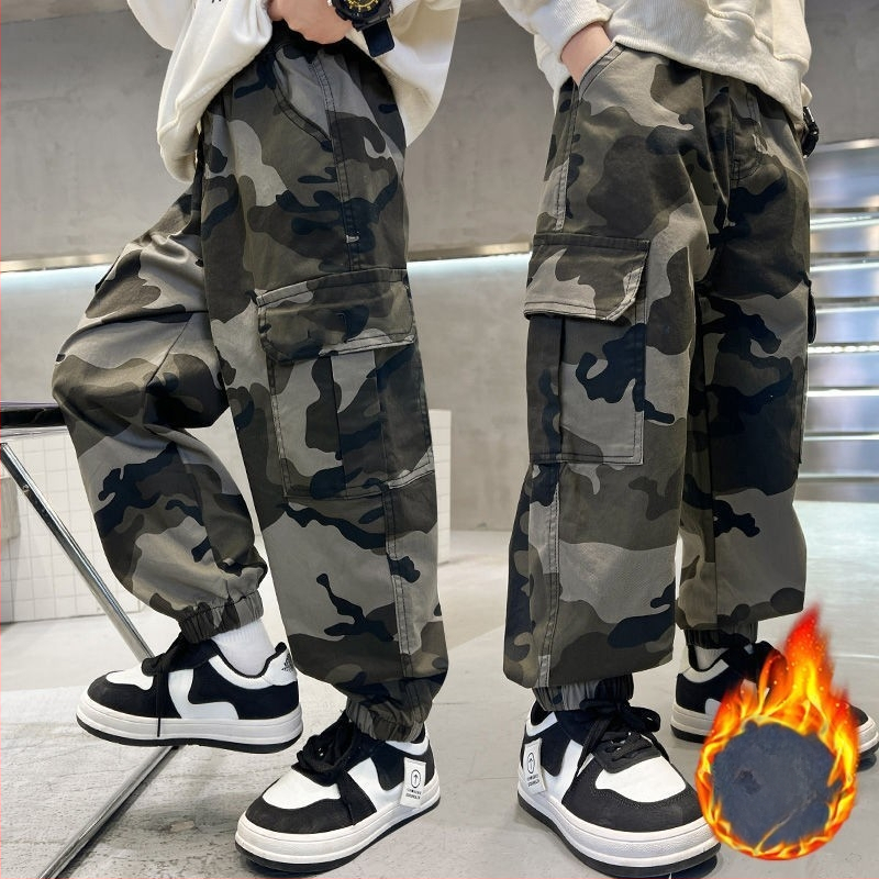 Gyerekeknek készült cargo nadrág, bolyhosított poliészter, 65% poliészester, középmagas derekú elasztikus derékszíj, 3–8 éveseknek