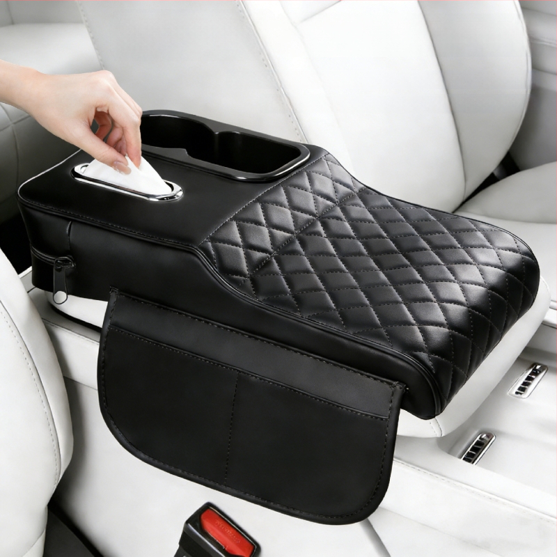 Perna de ridicare a cotierului auto din piele, cu suport pentru șervețele și suport pentru pahare – organizator central de depozitare universal, rezistent la pete, suport pentru cot pentru relaxarea oboselii