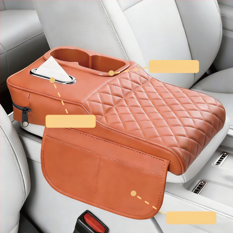 Perna de ridicare a cotierului auto din piele, cu suport pentru șervețele și suport pentru pahare – organizator central de depozitare universal, rezistent la pete, suport pentru cot pentru relaxarea oboselii