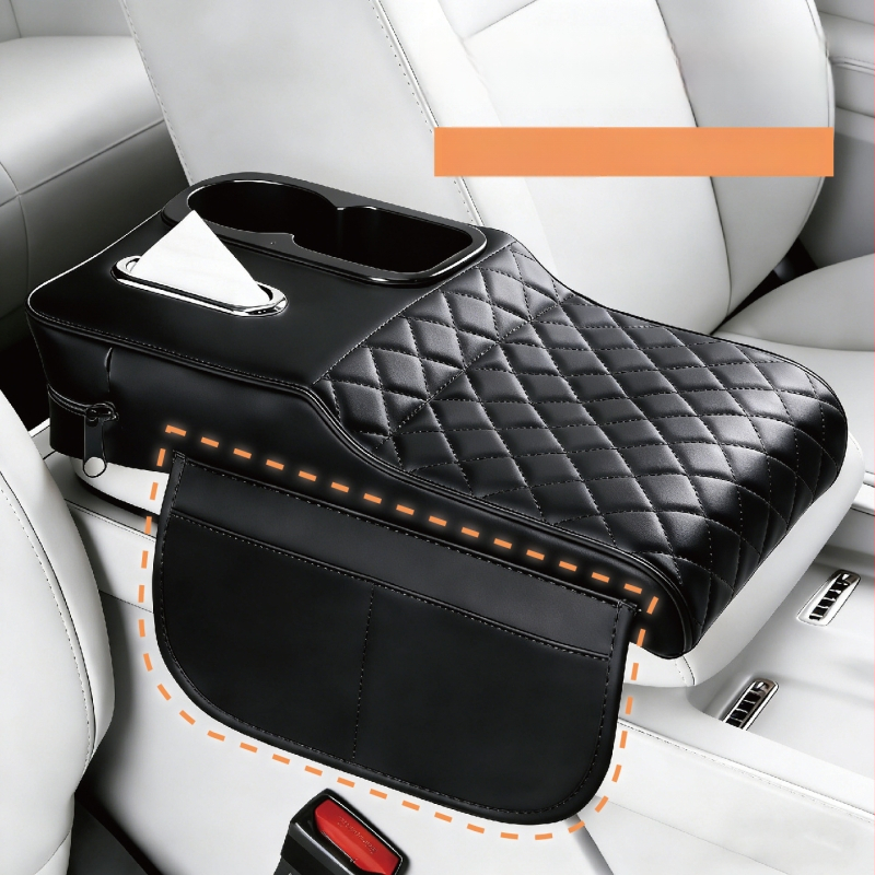 Perna de ridicare a cotierului auto din piele, cu suport pentru șervețele și suport pentru pahare – organizator central de depozitare universal, rezistent la pete, suport pentru cot pentru relaxarea oboselii