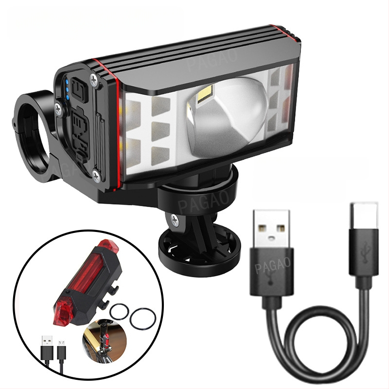 PAGAO Фар за планински велосипед от алуминиева сплав – висока яркост, презареждаем USB-C, 5200mAh, монтаж чрез окачване, офроуд каране