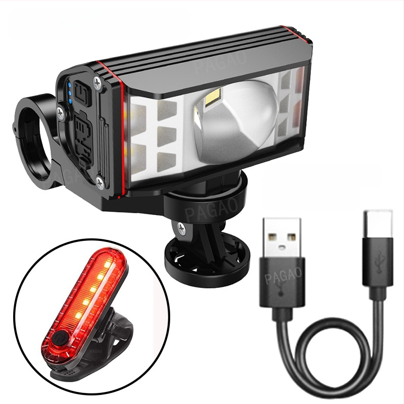 PAGAO Фар за планински велосипед от алуминиева сплав – висока яркост, презареждаем USB-C, 5200mAh, монтаж чрез окачване, офроуд каране