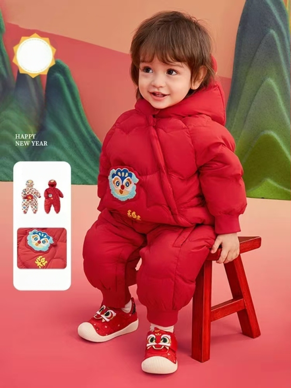 Detský overal s kapucňou, výplň z bieleho kačacieho páperia, zimný, karikatúrny vzor, zips