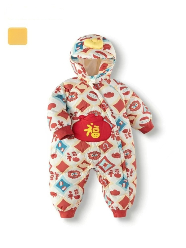 Detský overal s kapucňou, výplň z bieleho kačacieho páperia, zimný, karikatúrny vzor, zips