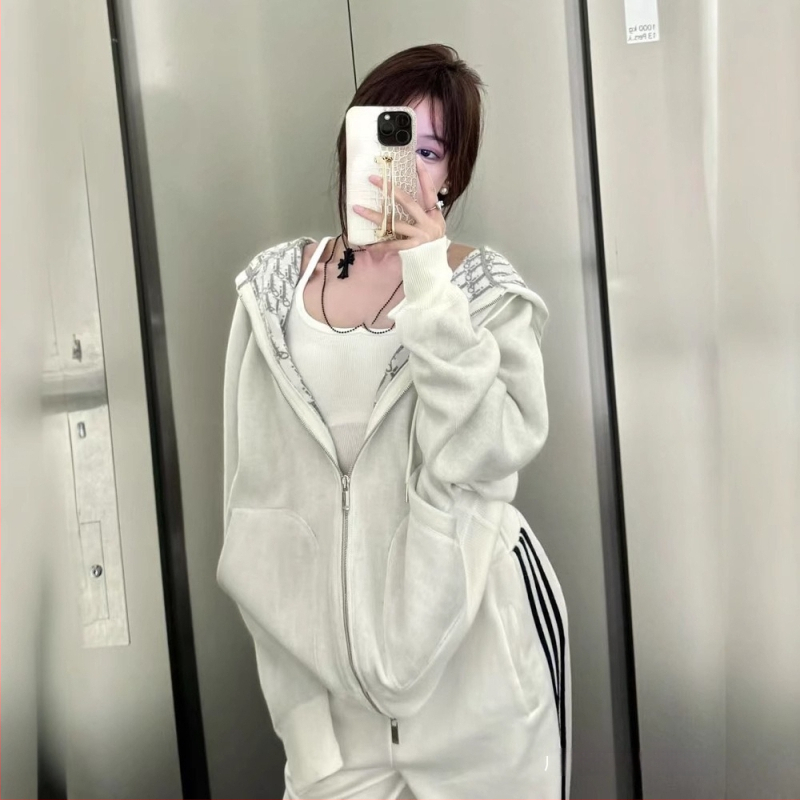 Кардиган с качулка и цип, двустранно принтиран ромбовиден модел