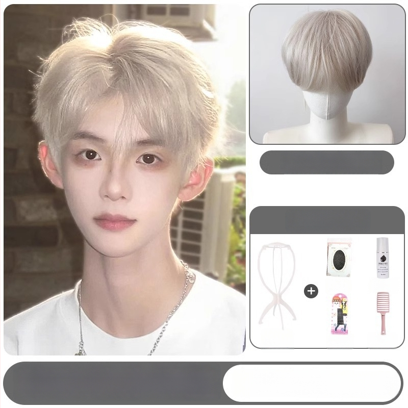 Περούκα ανδρών με κοντό ίσιο μαλλί, ίνες υψηλής θερμοκρασίας, πλήρης κάλυψη κεφαλιού, καθολική εφαρμογή, μηχανική επεξεργασία